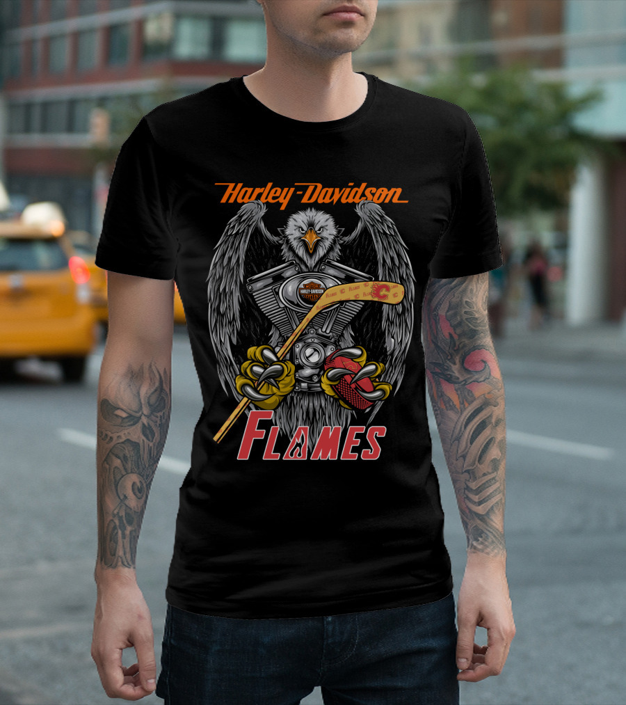Harley Davidson Flames Nhl Calgary Hockey Eagle Engine T-Shirt