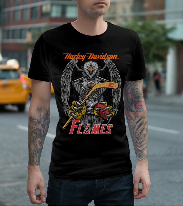 Harley Davidson Flames Nhl Calgary Hockey Eagle Engine T-Shirt