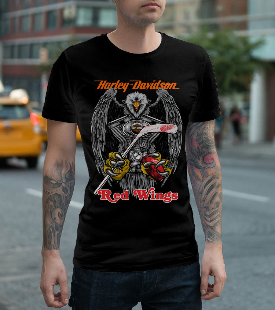 Harley Davidson Red Wings Nhl Drw 46 Hockey Eagle Engine T-Shirt