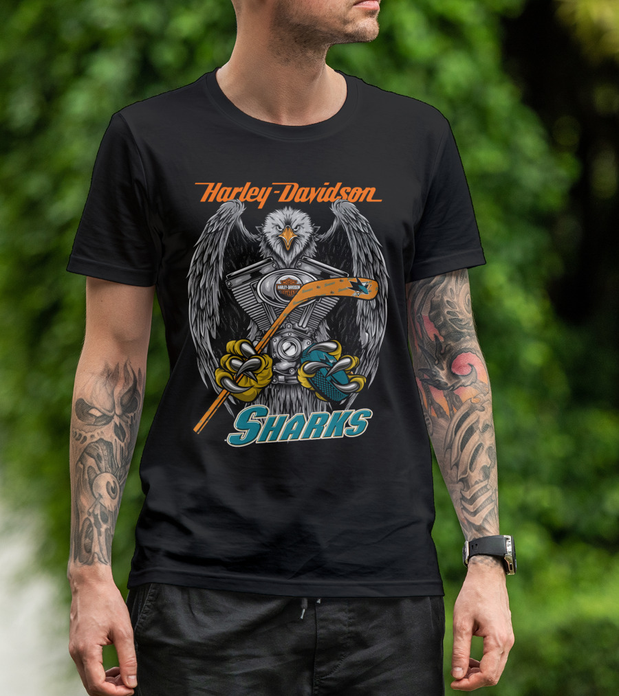 Harley Davidson Nhl San Jose Sharks Eagle With Hockey Motif T-Shirt