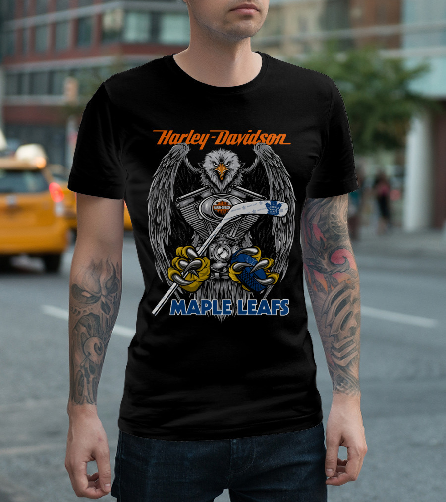 Harley Davidson Maple Leafs Nhl Collaboration With Eagle And Hockey Motif T-Shirt