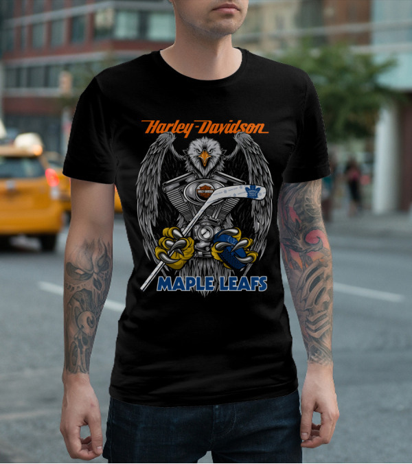 Harley Davidson Maple Leafs Nhl Collaboration With Eagle And Hockey Motif T-Shirt