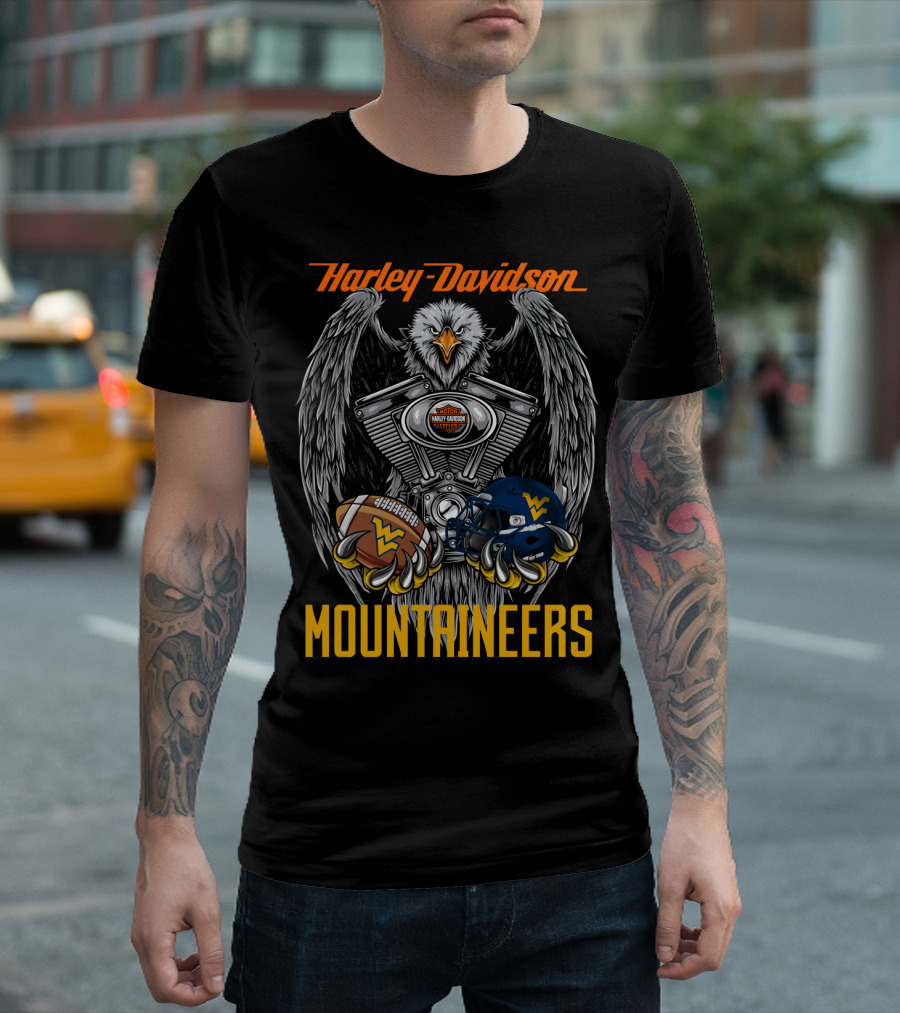 Harley Davidson Mountaineers Wv Football Helmet And Engine Eagle T-Shirt