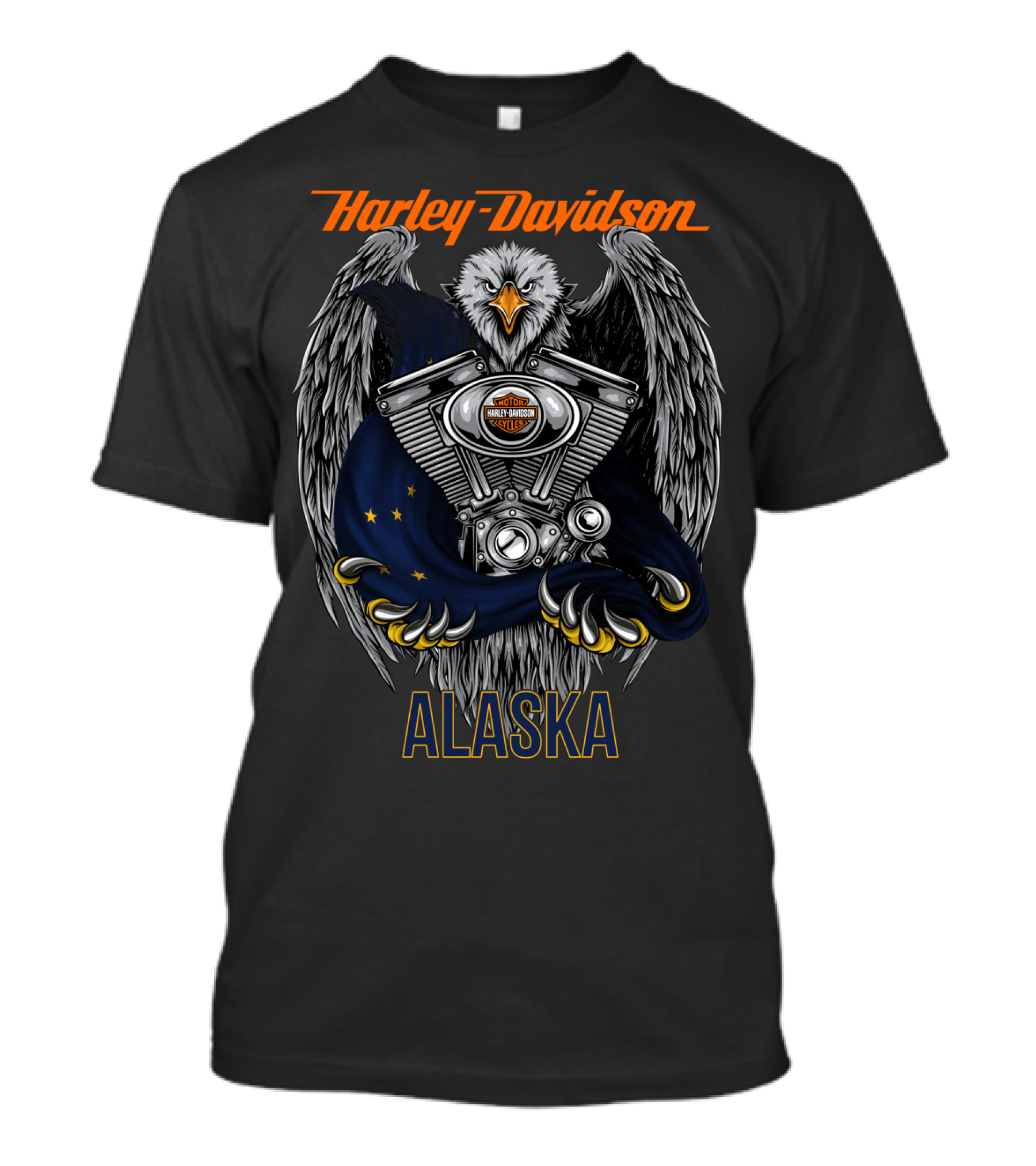 Harley Davidson Eagle With Engine And Alaska Flag T-Shirt