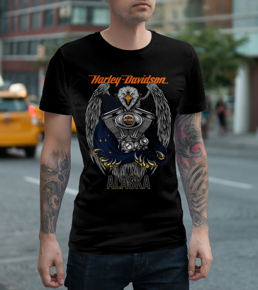Harley Davidson Eagle With Engine And Alaska Flag T-Shirt