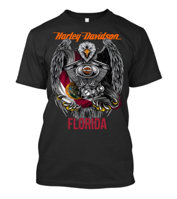 Harley Davidson Florida Eagle With Engine And State Flag T-Shirt