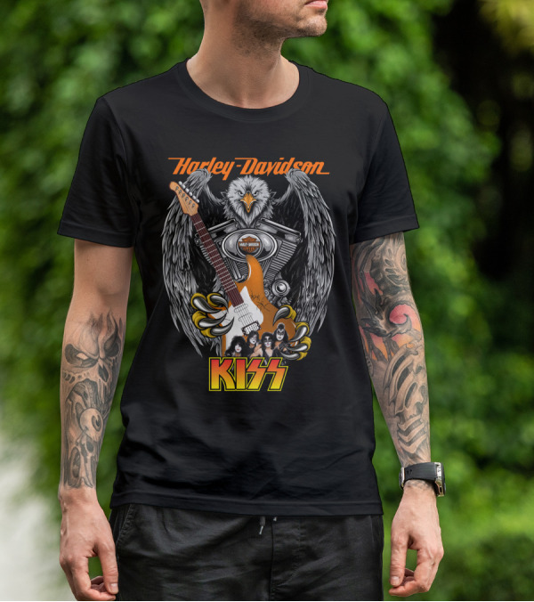 Harley Davidson Motor Cycles Kiss Band Eagle Guitar T-Shirt