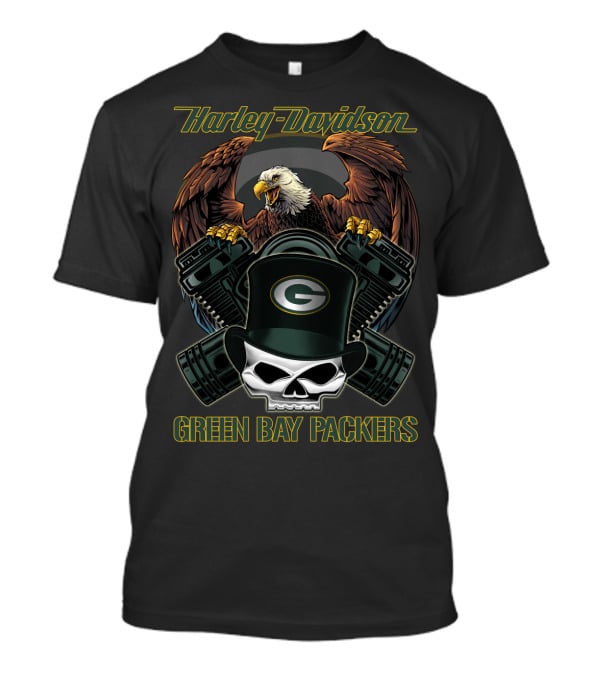 Harley Davidson Green Bay Packers Eagle Skull Motorcycle Art T-Shirt