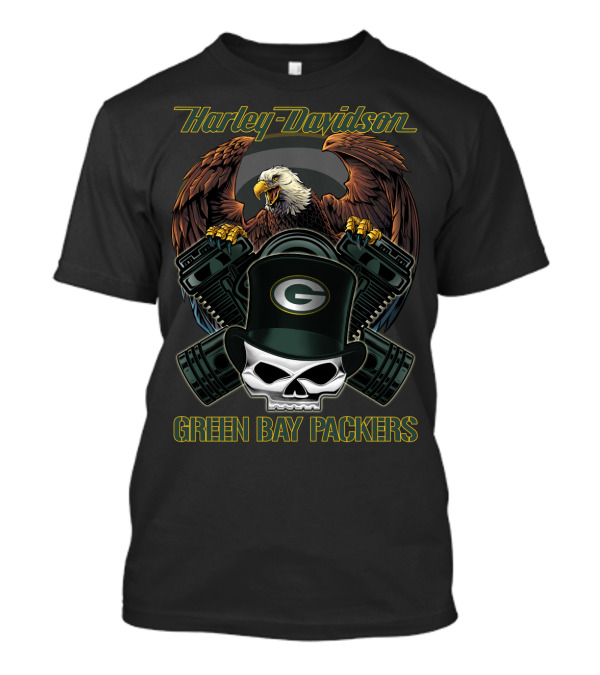 Harley Davidson Green Bay Packers Eagle Skull Motorcycle Art T-Shirt
