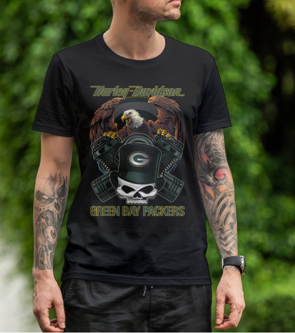 Harley Davidson Green Bay Packers Eagle Skull Motorcycle Art T-Shirt