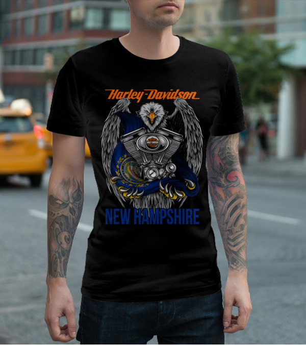 Harley Davidson New Hampshire Eagle And Bike Engine T-Shirt