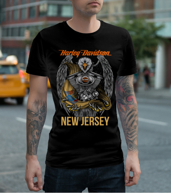 Harley Davidson New Jersey Eagle With Engine And Banner T-Shirt