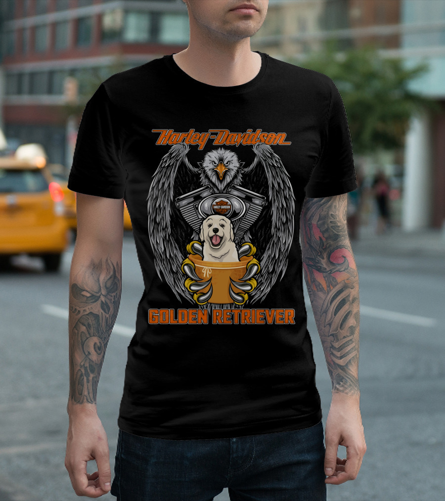 Harley Davidson Eagle Engine Golden Retriever T-Shirt