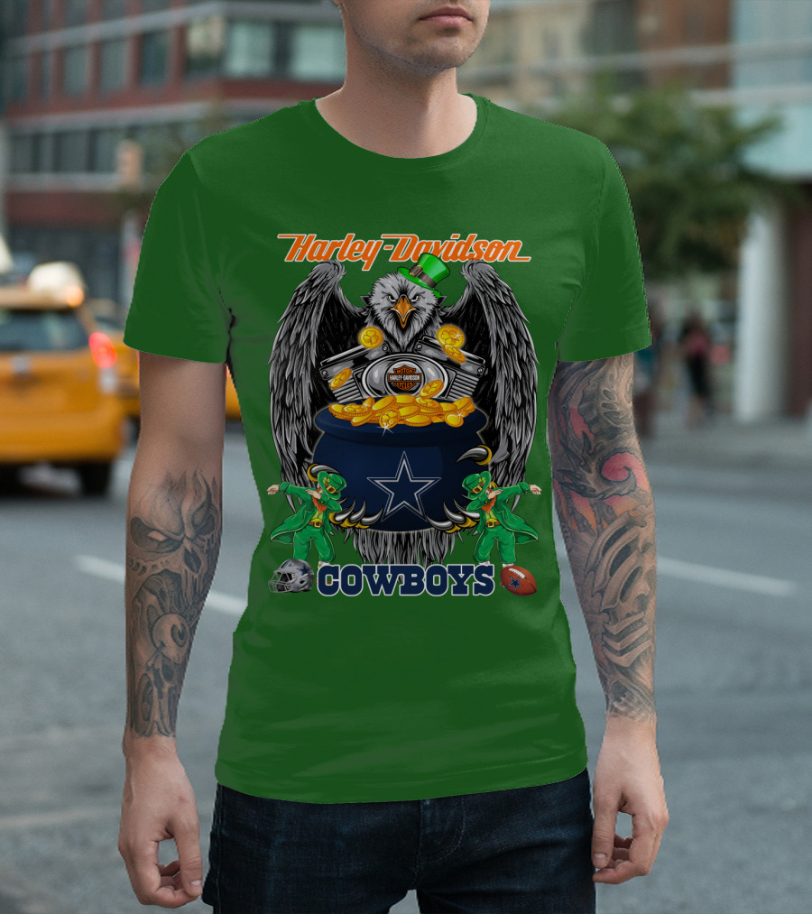 Harley Davidson Nfl Dallas Cowboys Eagle With Leprechauns And Pot Of Gold T-Shirt