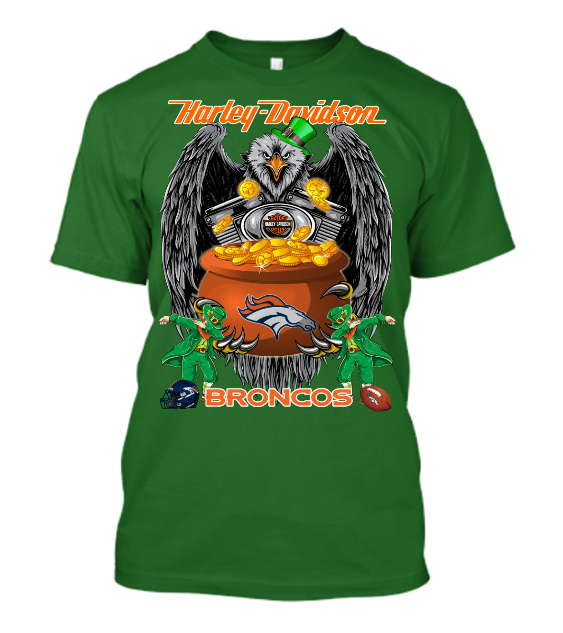 Harley Davidson Denver Broncos Nfl Leprechaun Eagle Pot Of Gold T-Shirt