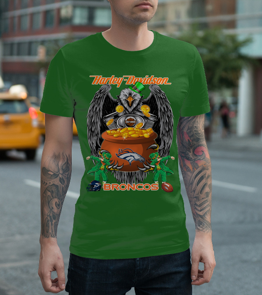 Harley Davidson Denver Broncos Nfl Leprechaun Eagle Pot Of Gold T-Shirt