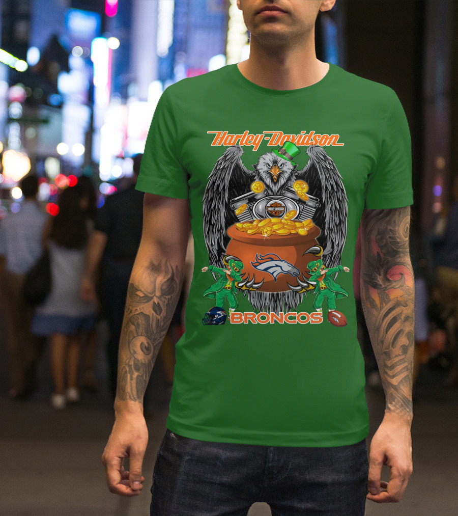 Harley Davidson Denver Broncos Nfl Leprechaun Eagle Pot Of Gold T-Shirt