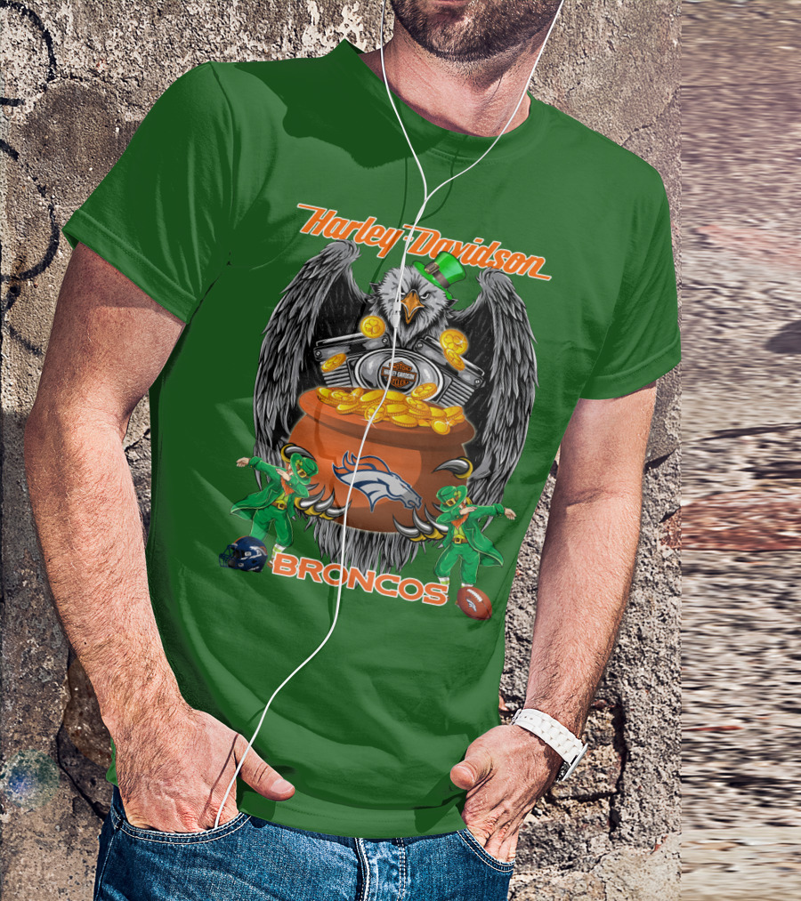 Harley Davidson Denver Broncos Nfl Leprechaun Eagle Pot Of Gold T-Shirt