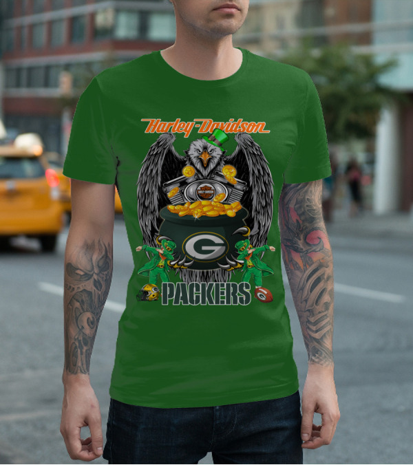 Harley Davidson Packers Nfl Green Bay Eagles And Leprechauns With Coins T-Shirt