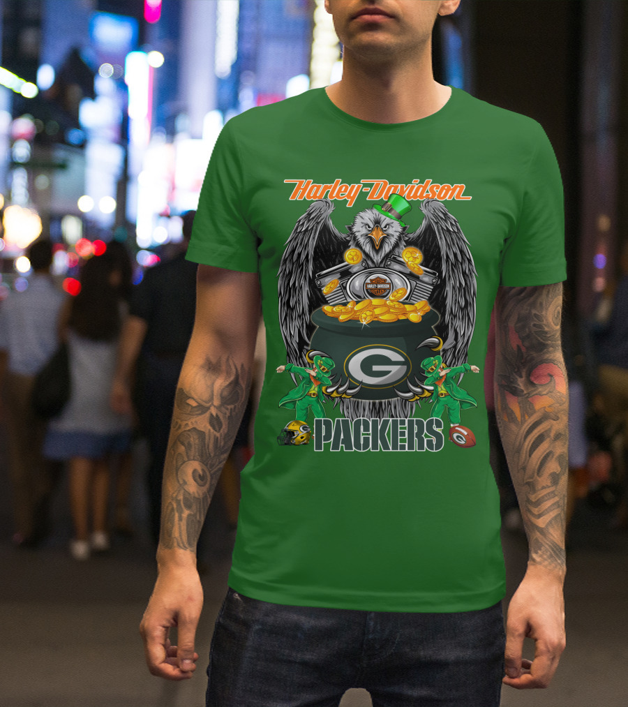 Harley Davidson Packers Nfl Green Bay Eagles And Leprechauns With Coins T-Shirt