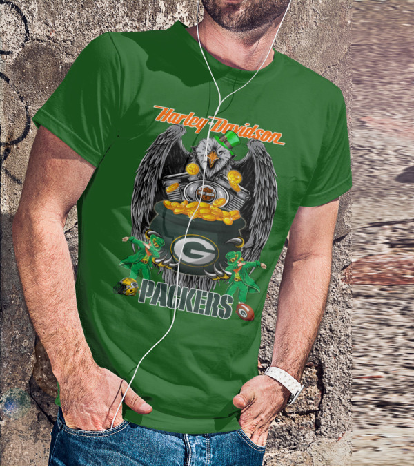 Harley Davidson Packers Nfl Green Bay Eagles And Leprechauns With Coins T-Shirt