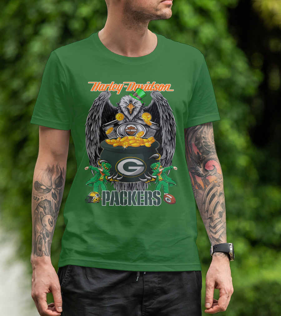 Harley Davidson Packers Nfl Green Bay Eagles And Leprechauns With Coins T-Shirt