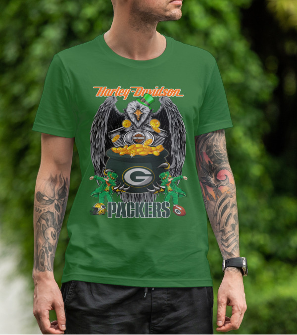 Harley Davidson Packers Nfl Green Bay Eagles And Leprechauns With Coins T-Shirt