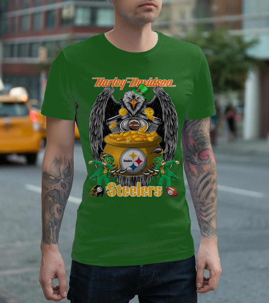 Harley Davidson Steelers Eagle Leprechaun Gold Nfl Pittsburgh T-Shirt