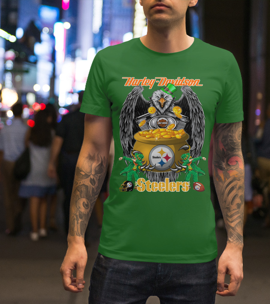 Harley Davidson Steelers Eagle Leprechaun Gold Nfl Pittsburgh T-Shirt