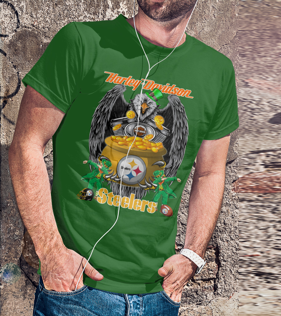 Harley Davidson Steelers Eagle Leprechaun Gold Nfl Pittsburgh T-Shirt