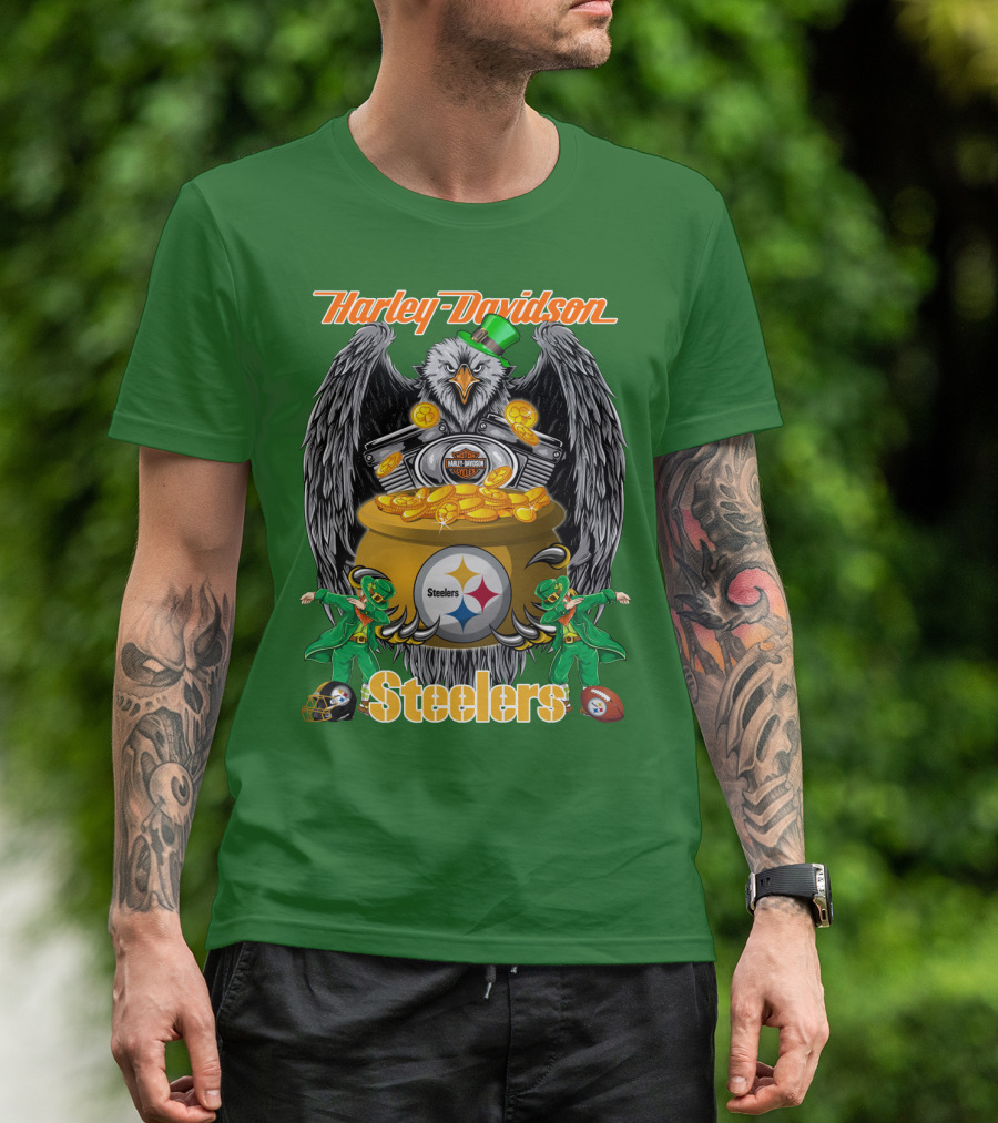Harley Davidson Steelers Eagle Leprechaun Gold Nfl Pittsburgh T-Shirt