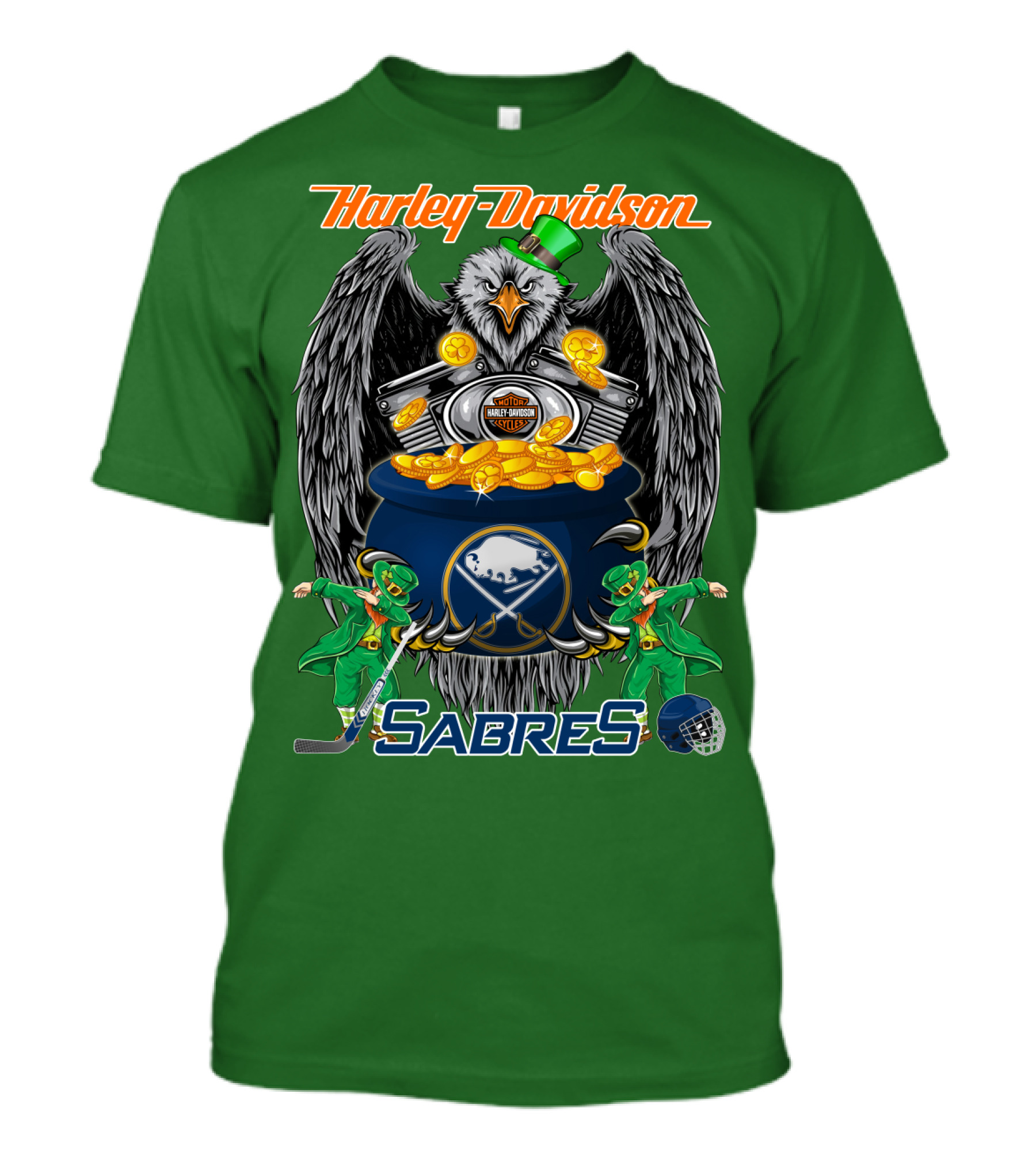 Harley Davidson Sabres Nhl Buffalo St. Patrick's Day Eagle And Pot Of Gold T-Shirt