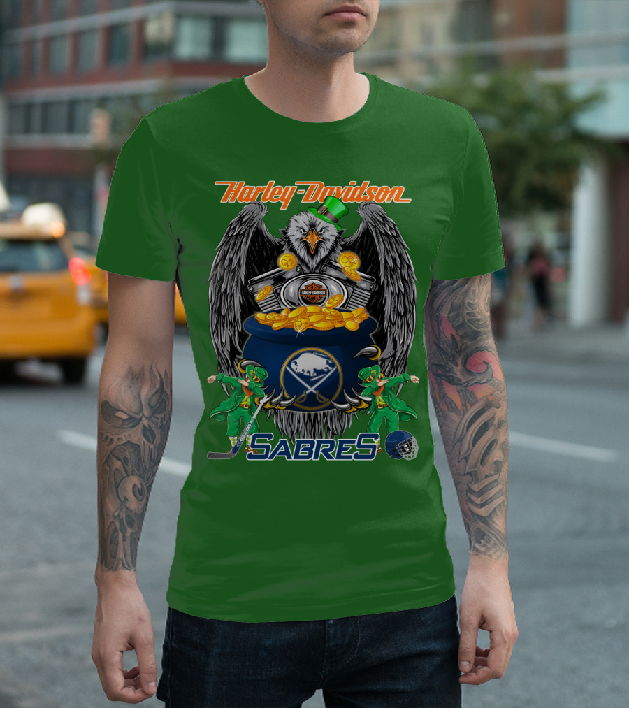 Harley Davidson Sabres Nhl Buffalo St. Patrick's Day Eagle And Pot Of Gold T-Shirt