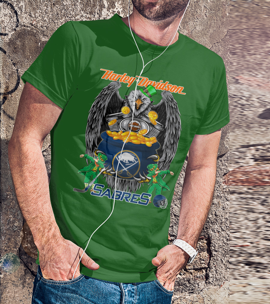 Harley Davidson Sabres Nhl Buffalo St. Patrick's Day Eagle And Pot Of Gold T-Shirt