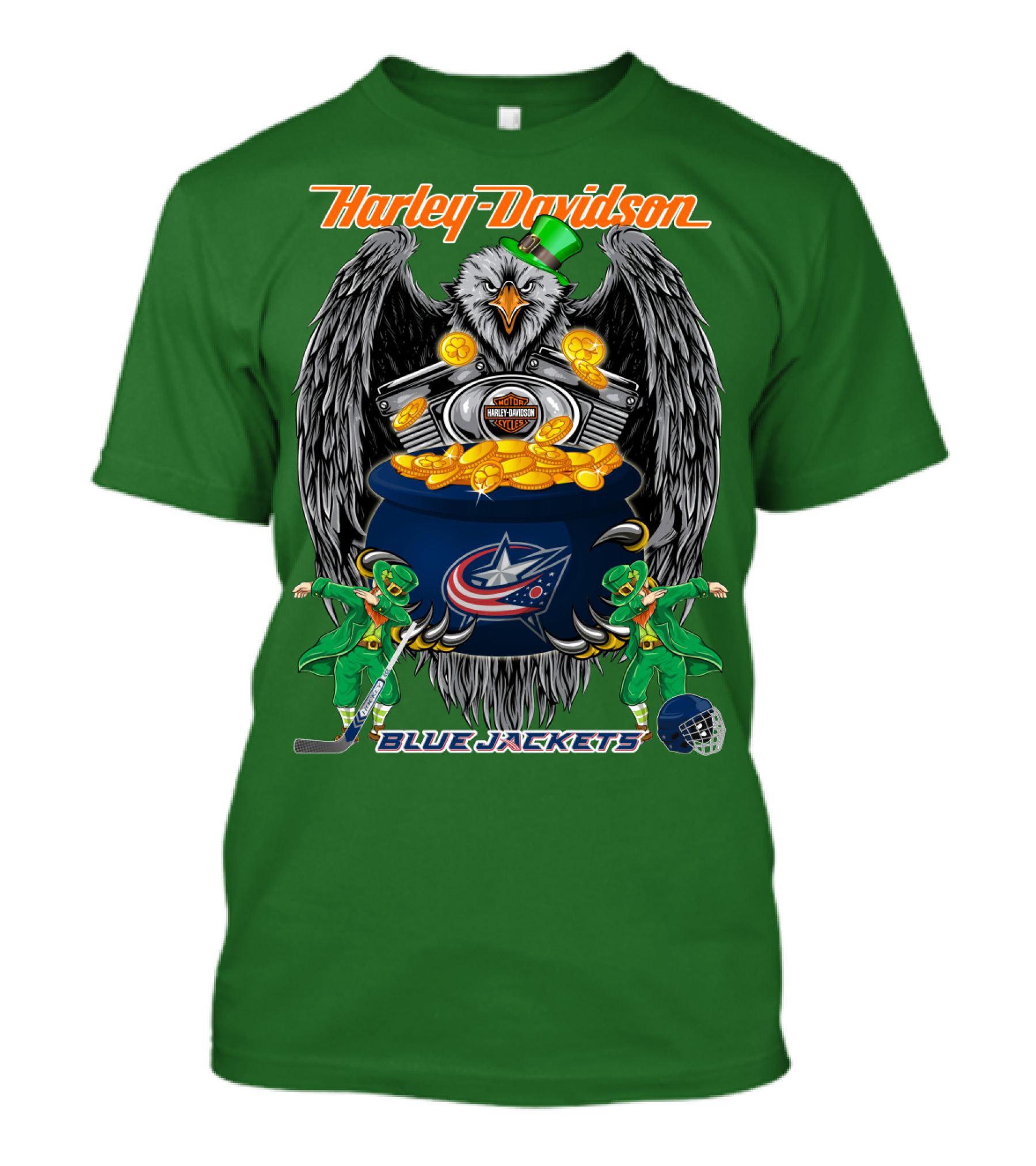 Harley Davidson Columbus Blue Jackets Nhl Eagle Leprechaun Gold Coins Green Hat T-Shirt
