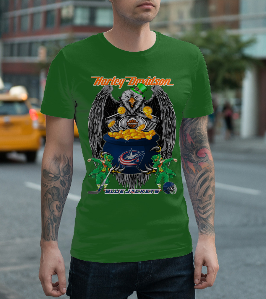 Harley Davidson Columbus Blue Jackets Nhl Eagle Leprechaun Gold Coins Green Hat T-Shirt