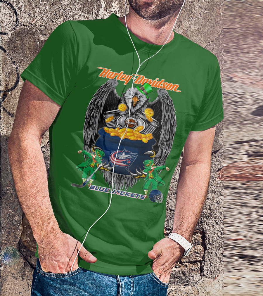 Harley Davidson Columbus Blue Jackets Nhl Eagle Leprechaun Gold Coins Green Hat T-Shirt