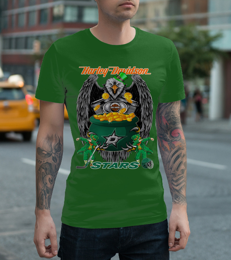 Harley Davidson Dallas Stars Nhl Eagle With Leprechauns And Hockey Gear T-Shirt