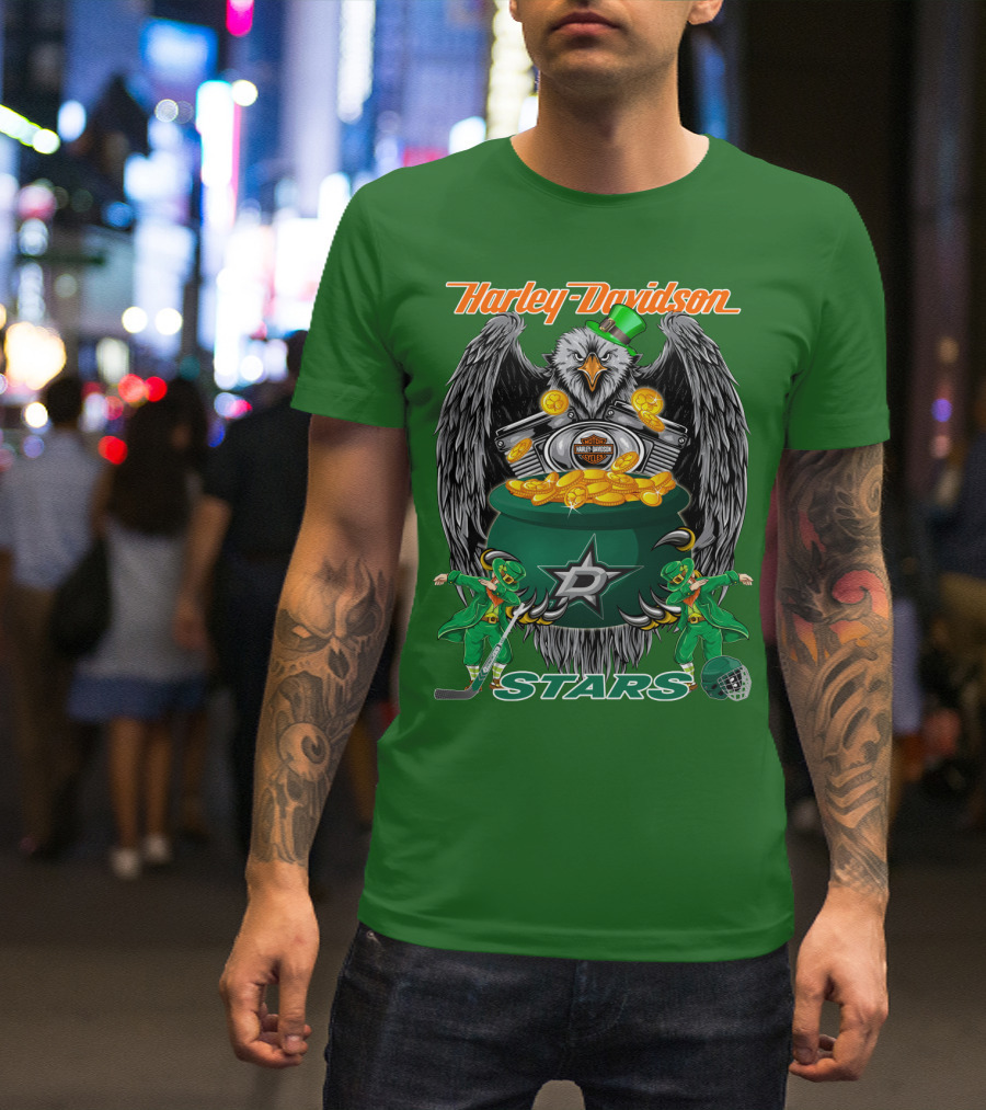 Harley Davidson Dallas Stars Nhl Eagle With Leprechauns And Hockey Gear T-Shirt