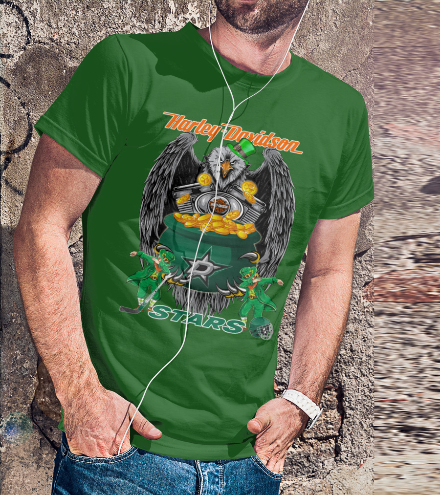 Harley Davidson Dallas Stars Nhl Eagle With Leprechauns And Hockey Gear T-Shirt