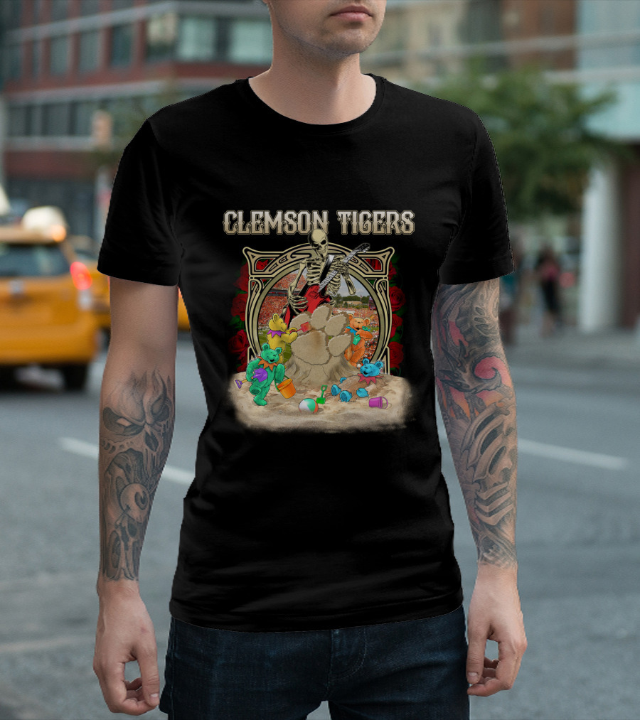 Clemson Tigers Grateful Dead Skeleton Bears Sandcastle Roses T-Shirt