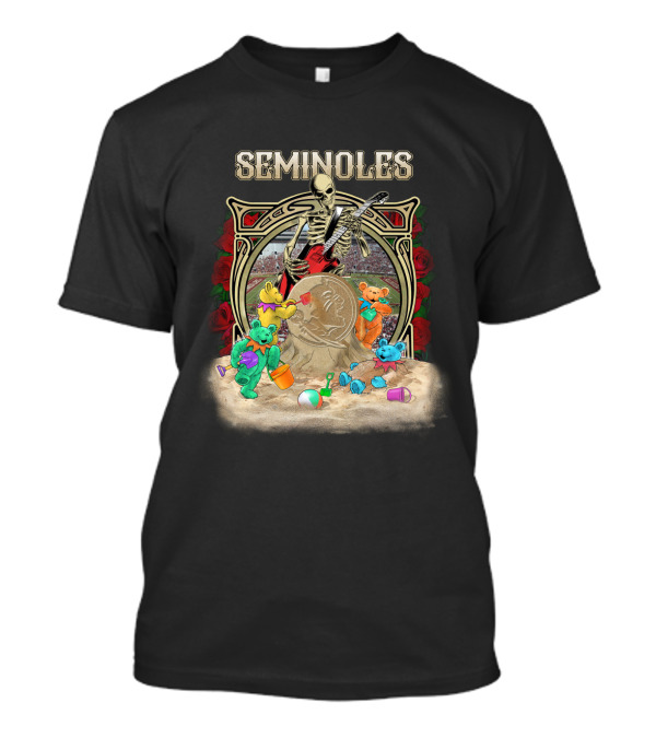 Seminoles Skeleton With Guitar And Teddy Bears At Sandcastle Scene T-Shirt