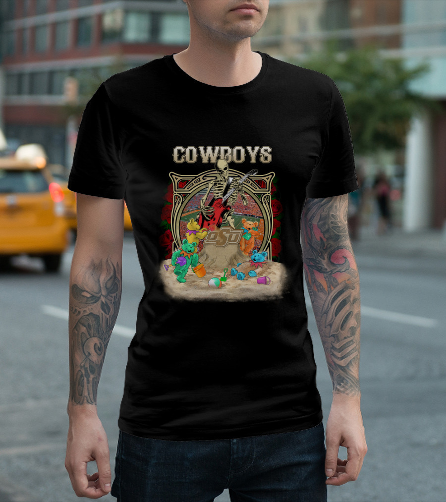 Cowboys Skeleton Guitar With Osu Ncaa1 63 Teddy Bears T-Shirt