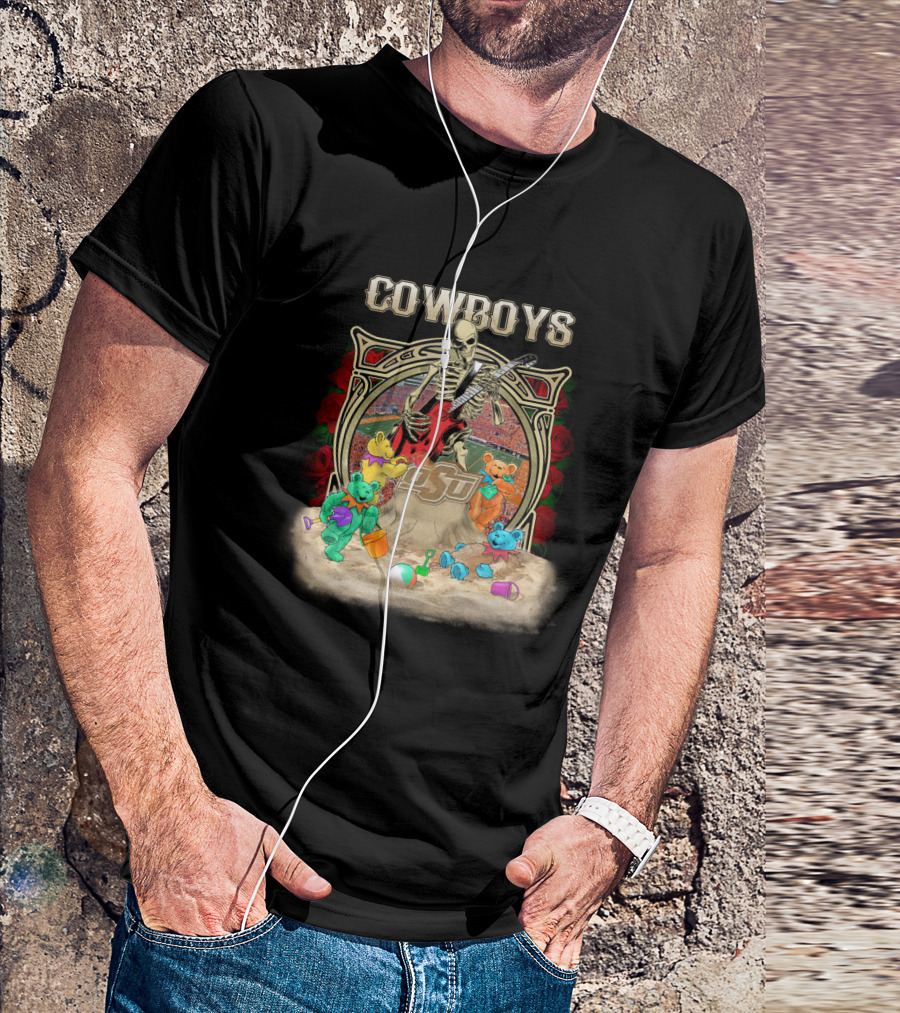 Cowboys Skeleton Guitar With Osu Ncaa1 63 Teddy Bears T-Shirt