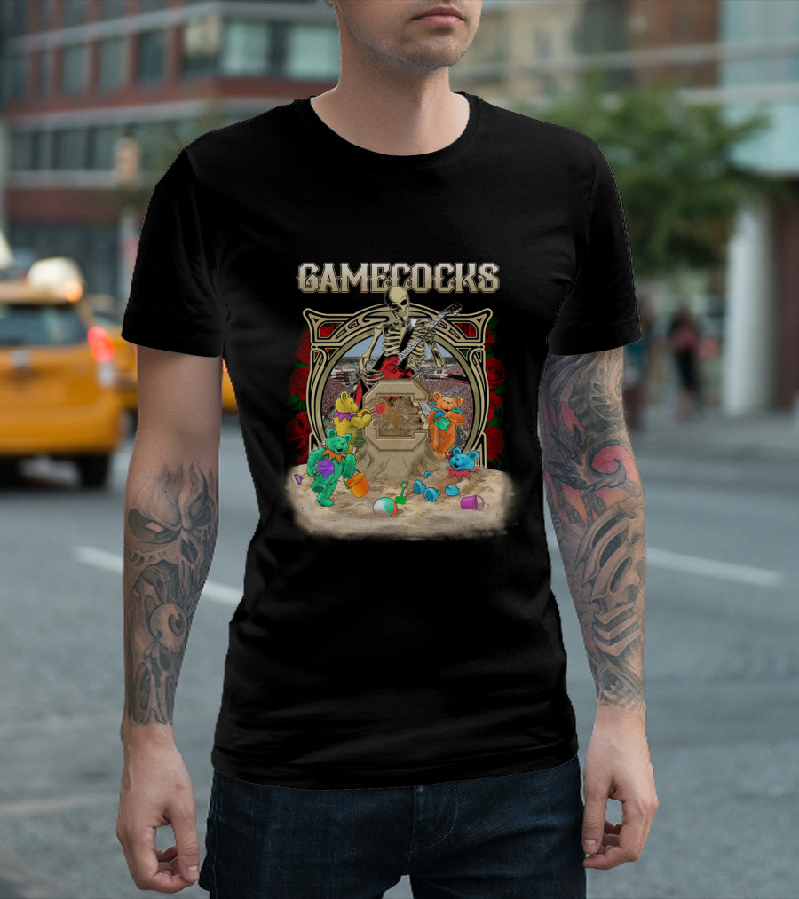 Gamecocks Skeleton With Colorful Bears Playing On Beach T-Shirt