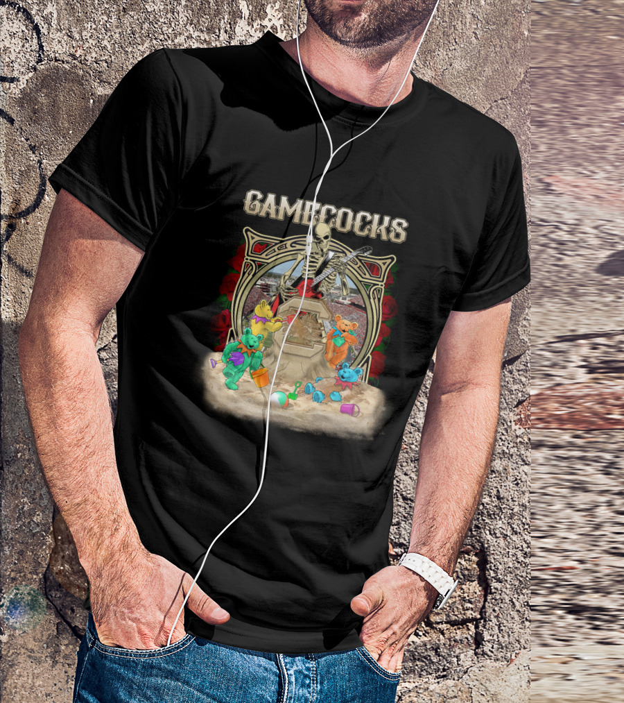 Gamecocks Skeleton With Colorful Bears Playing On Beach T-Shirt