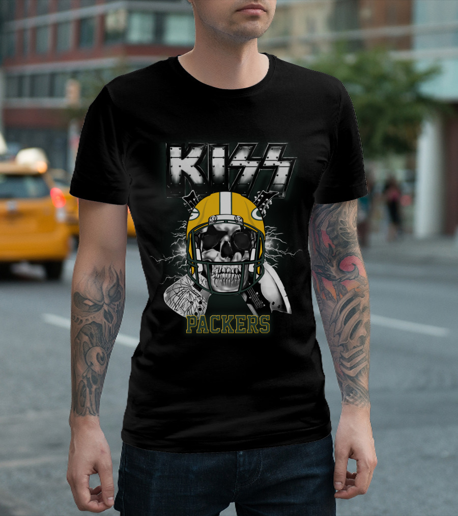 Kiss Packers Skull Helmet Electric Guitars Artwork T-Shirt