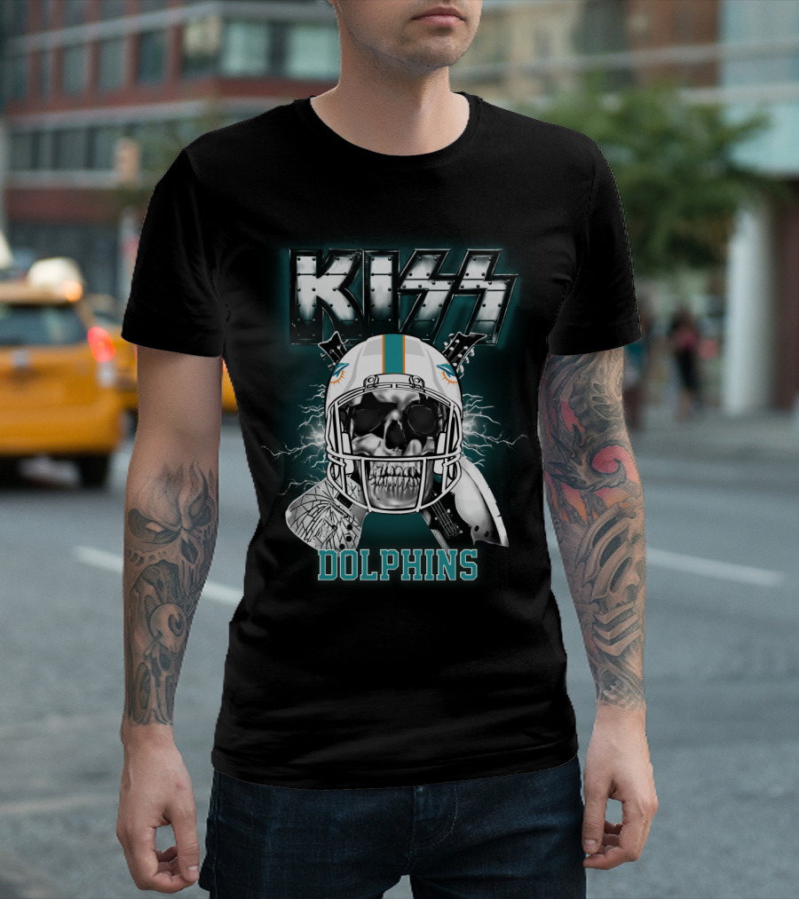 Kiss Dolphins Miami Football Skull Helmet Electric Guitars T-Shirt