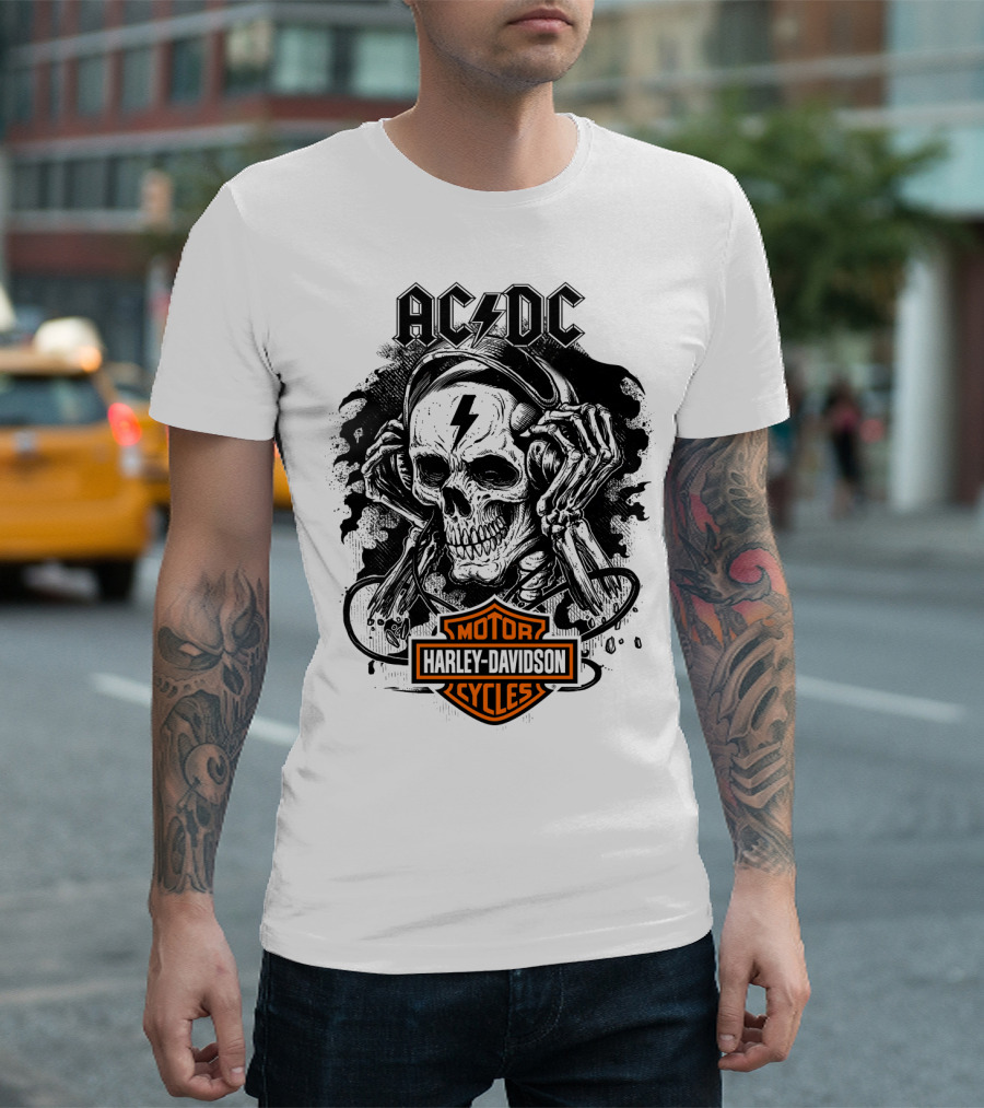 Acdc Harley Davidson Skull With Headphones T-Shirt