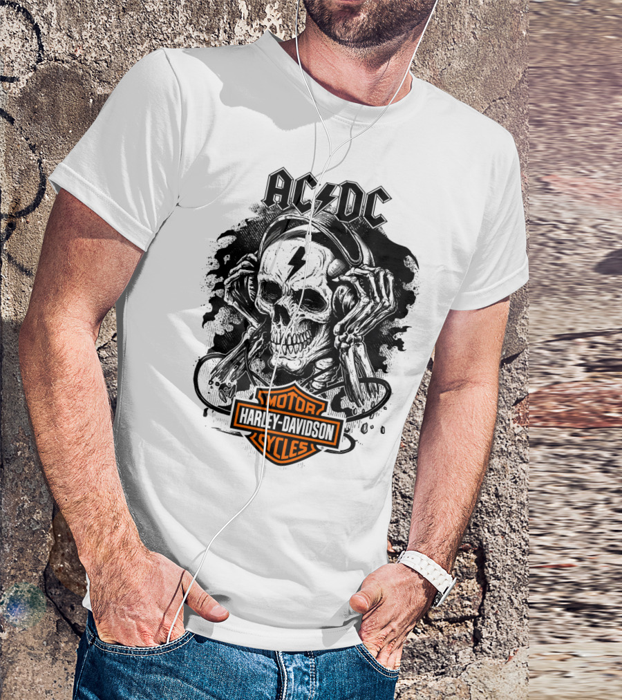 Acdc Harley Davidson Skull With Headphones T-Shirt